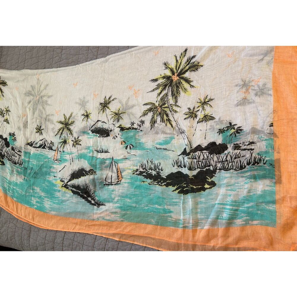 Lightweight tropical-print sarong / scarf featuring vintage-style beach